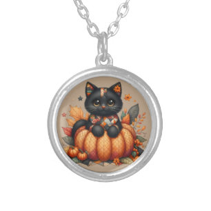 Black Cat on Pumpkin with Autumn Quilt Pattern Silver Plated Necklace