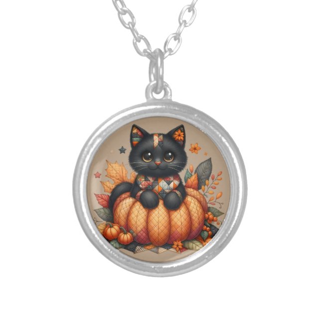 Black Cat on Pumpkin with Autumn Quilt Pattern Silver Plated Necklace (Front)