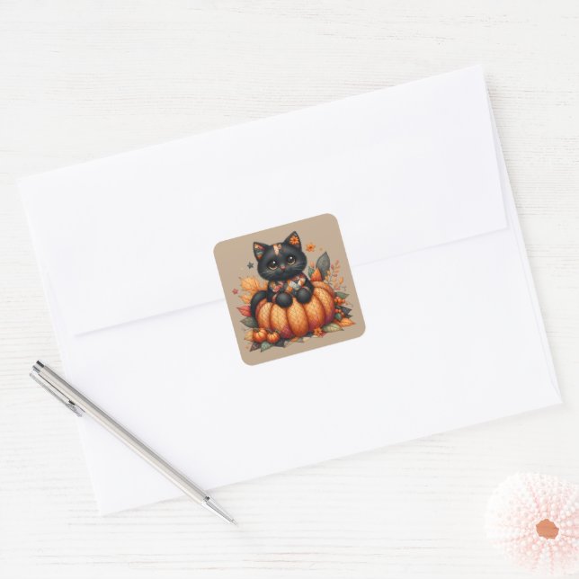 Black Cat on Pumpkin with Autumn Quilt Pattern Square Sticker (Envelope)