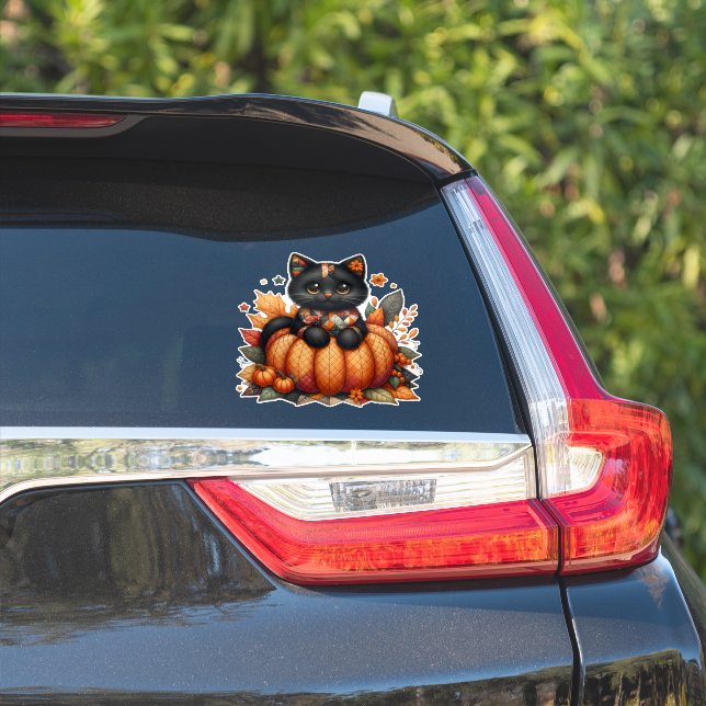 Black Cat on Pumpkin with Autumn Quilt Pattern Sticker (Car Side)