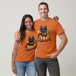 Black Cat on Pumpkin with Autumn Quilt Pattern T-Shirt