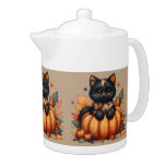 Black Cat on Pumpkin with Autumn Quilt Pattern Teapot
