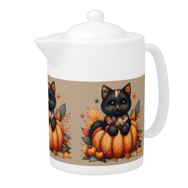 Black Cat on Pumpkin with Autumn Quilt Pattern Teapot (Right)