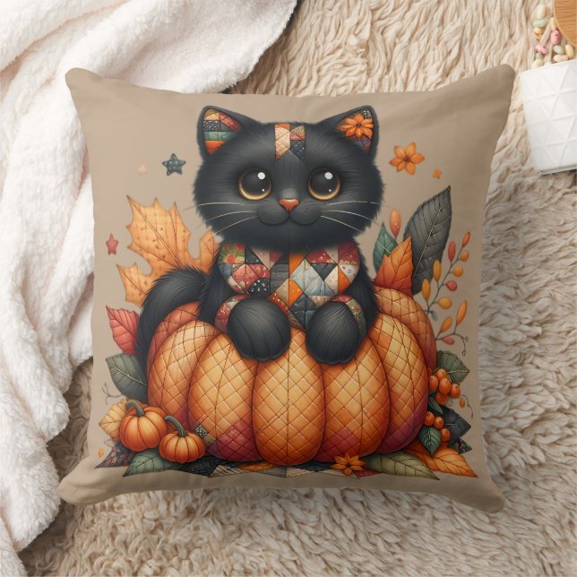 Black Cat on Pumpkin with Autumn Quilt Pattern Throw Pillow (Blanket)