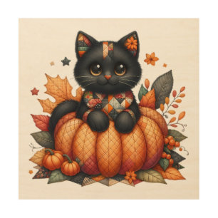 Black Cat on Pumpkin with Autumn Quilt Pattern Wood Wall Art