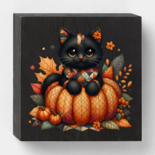 Black Cat on Pumpkin with Autumn Quilt Pattern Wooden Box Sign