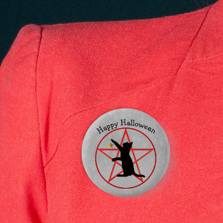 Black Cat on Red Pentagram Grey Happy Halloween Button