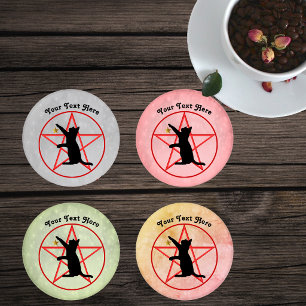 Black Cat on Red Pentagram with Gold star Coaster Set