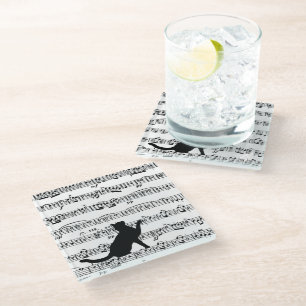Black Cat On Sheet Music Glass Coaster