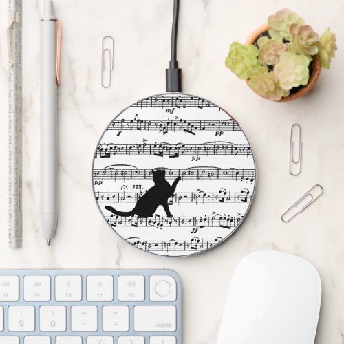 Black Cat On Sheet Music Wireless Charger