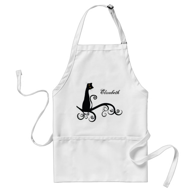 Black Cat On Swirly Branch Personalized Adult Apron (Front)