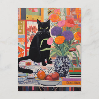 Black Cat on table with books flowers fruit Postcard