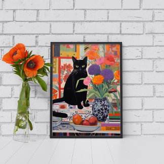 Black Cat on table with books flowers fruit Poster