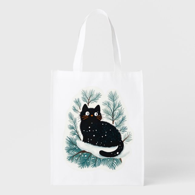 Black cat on the Christmas tree cute Grocery Bag (Front)