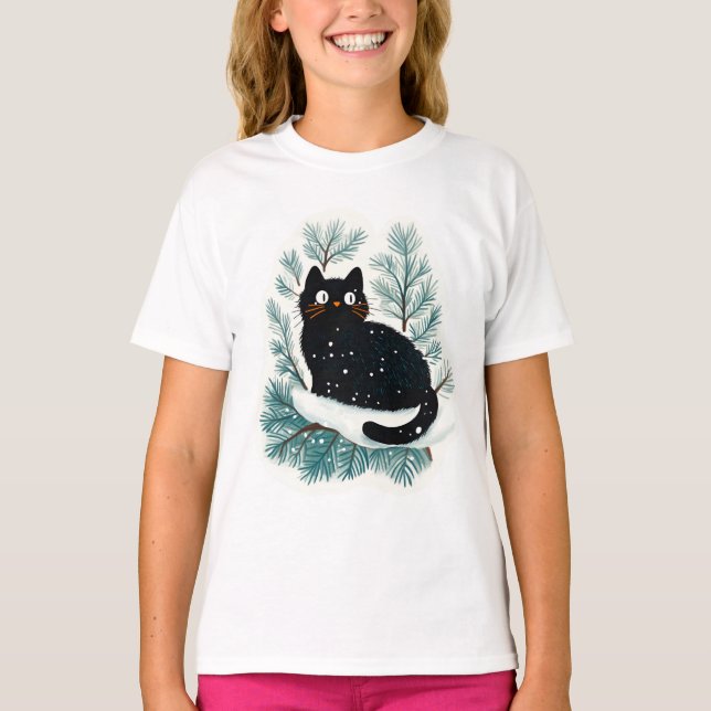 Black cat on the Christmas tree cute T-Shirt (Front)