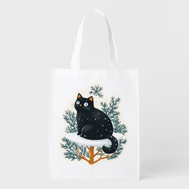 Black cat on the Christmas tree Grocery Bag (Front)