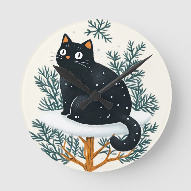 Black cat on the Christmas tree Round Clock (Front)