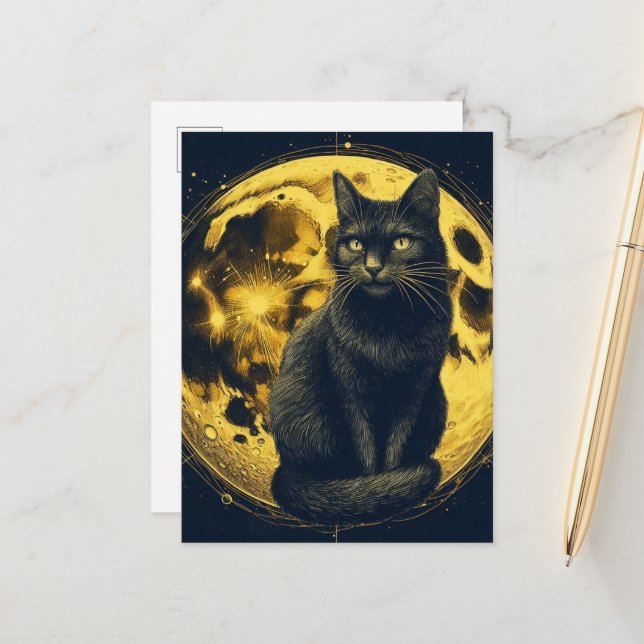 Black Cat on the Moon Postcard (Front/Back In Situ)