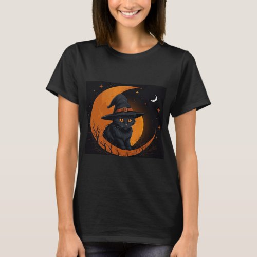 Black Cat on the Moon with Witch Hat T_Shirt
