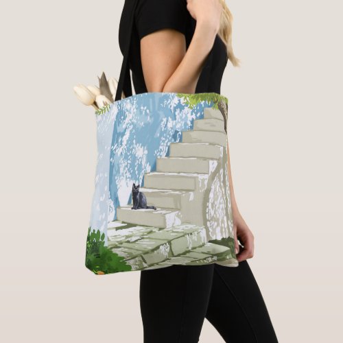 Black cat on the steps Poster Greece Santorini Tote Bag