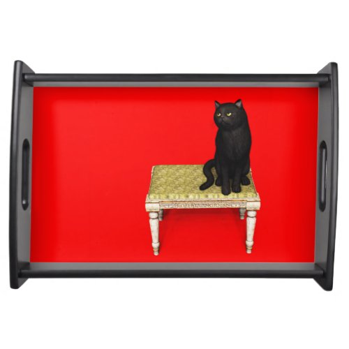 Black cat on the stool serving tray