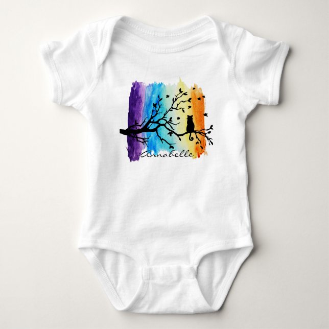 Black Cat on Tree Branch Rainbow Watercolor Baby Bodysuit (Front)
