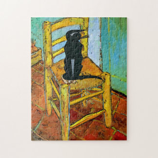 Black Cat on Wooden Chair Jigsaw Puzzle