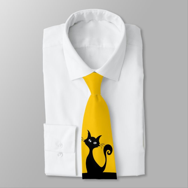 Black Cat on Yellow Sporty Men's Neck Tie (Tied)