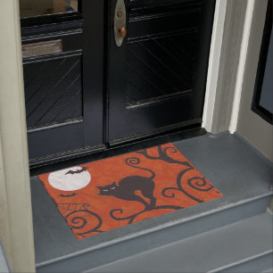 black cat orange doormat