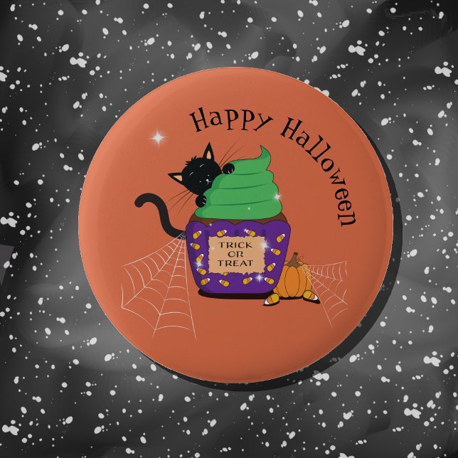 Black Cat Orange Halloween Button (Cute black cat Halloween orange button .)