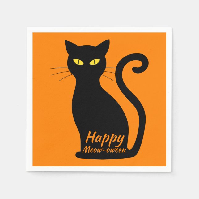 Black Cat Orange Halloween Party Napkins (Front)