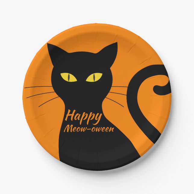 Black Cat Orange Halloween Party Paper Plates (Front)