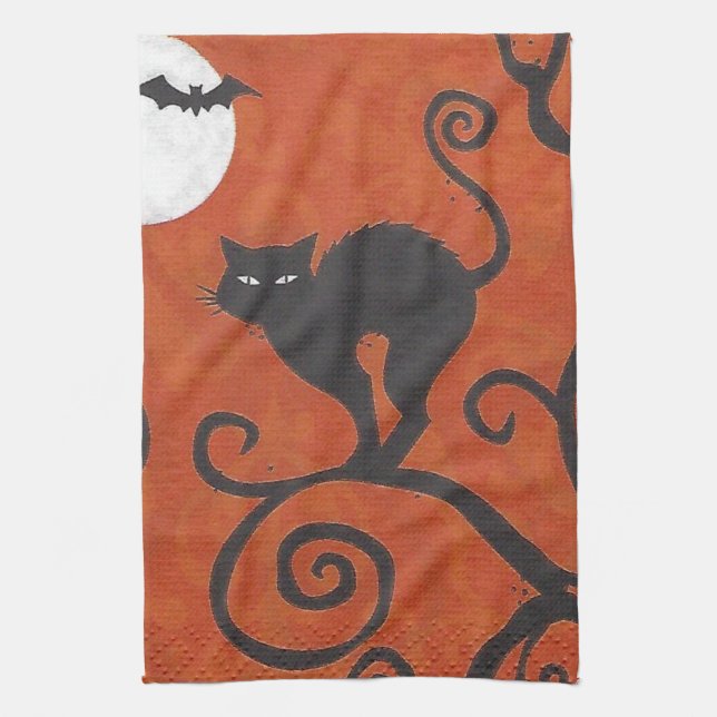 black cat orange kitchen towel (Vertical)