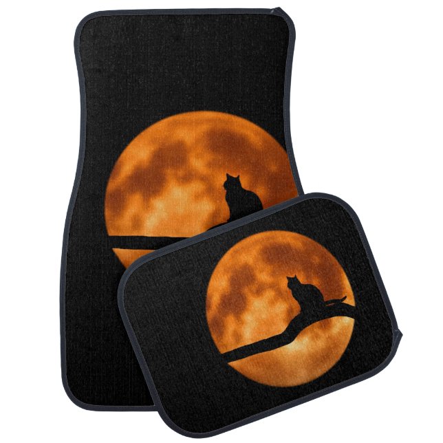 Black Cat Orange Moon Car Floor Mat (Set)