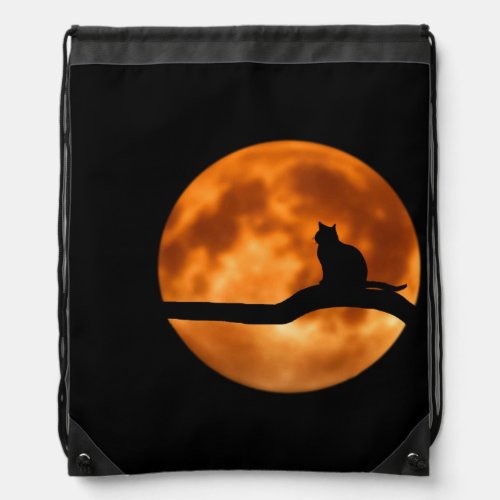 Black Cat Orange Moon Drawstring Bag