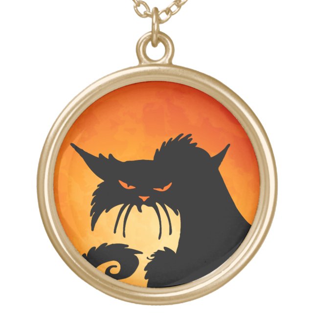 Black Cat Orange Moon Gold Plated Necklace (Front)