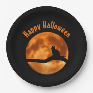 Black Cat Orange Moon Happy Halloween Paper Plates