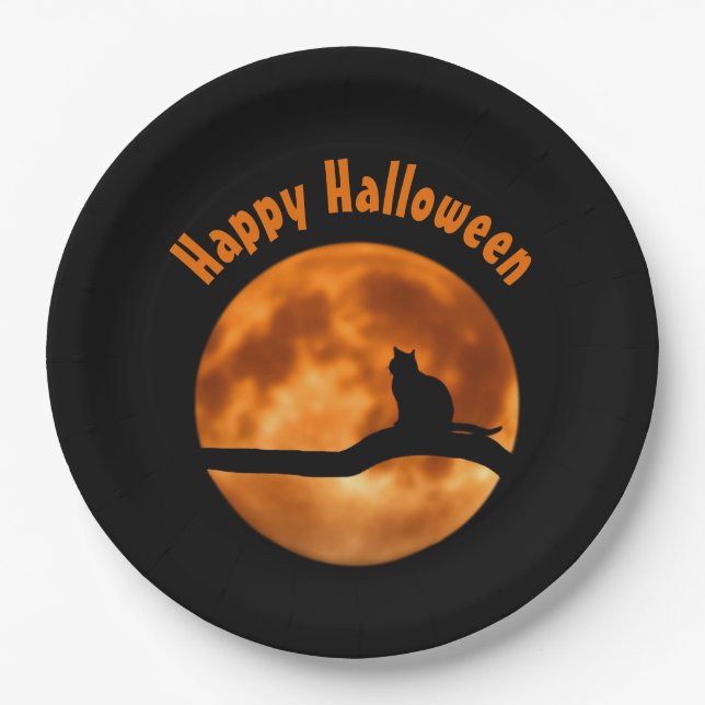 Black Cat Orange Moon Happy Halloween Paper Plates (Front)