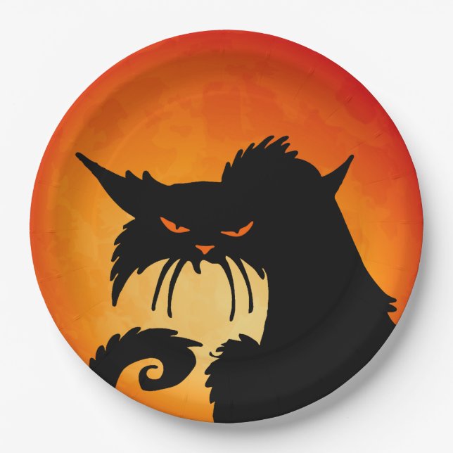 Black Cat Orange Moon Paper Plates (Front)
