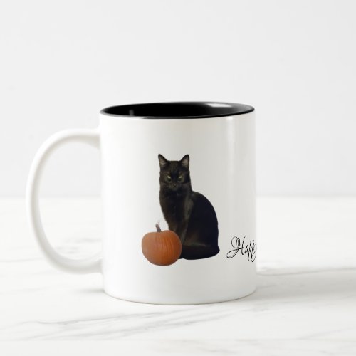 Black Cat Orange Pumpkins Happy Halloween on White Two_Tone Coffee Mug