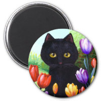 Black Cat Original Art Flowers Spring Creationarts Magnet