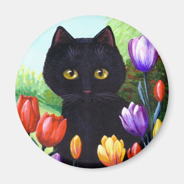 Black Cat Original Art Flowers Spring Creationarts Magnet (Front)