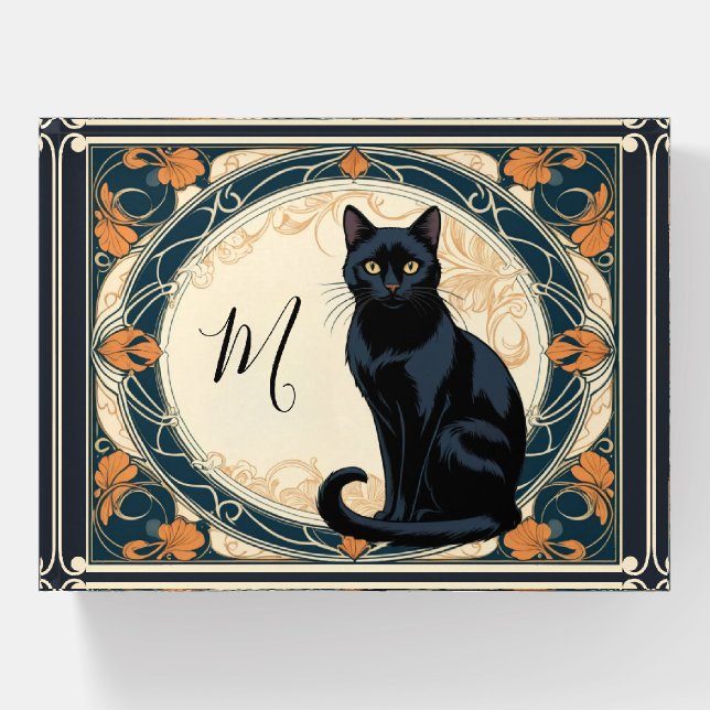 Black Cat Ornate Leaf Frame Monogrammed Paperweight (Front)