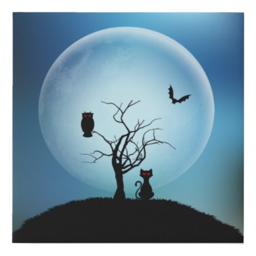 Black Cat Owl and Bat Faux Canvas Print