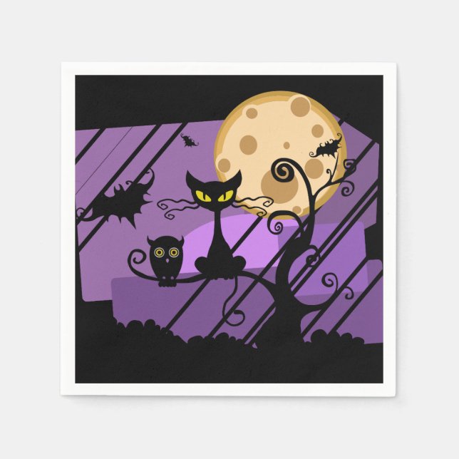 Black Cat, Owl, and Bats Halloween Paper Napkins (Front)