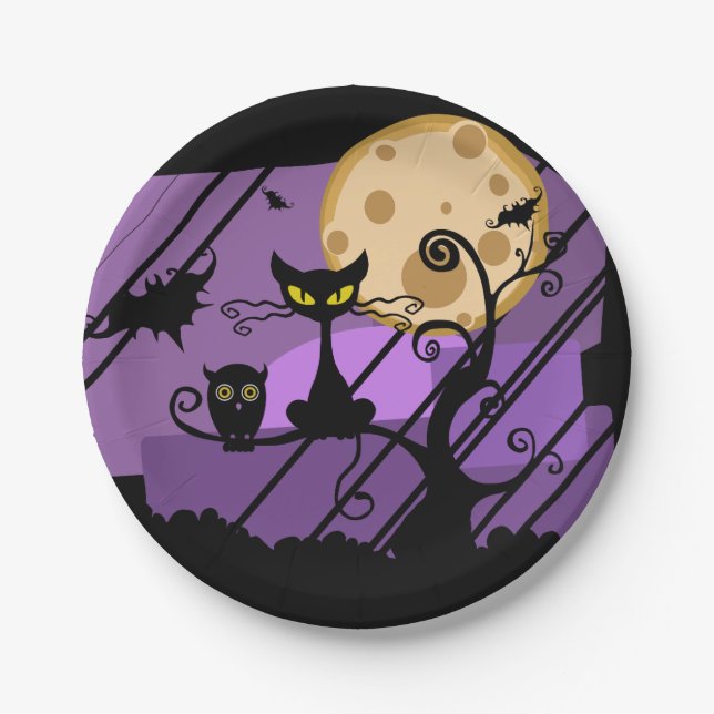 Black Cat, Owl, and Bats Halloween Paper Plates (Front)