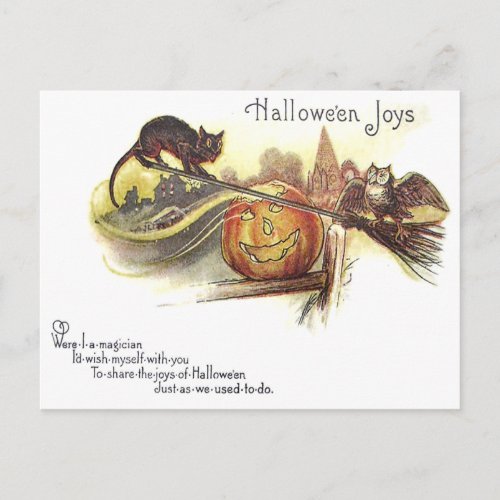 Black Cat Owl Jack O Lantern Witchs Broom Postcard