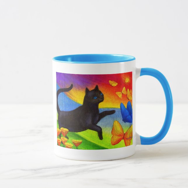 Black Cat Painting Butterflies Art - Multi Mug (Right)