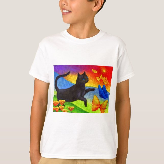 Black Cat Painting Butterflies Art - Multi T-Shirt (Front)