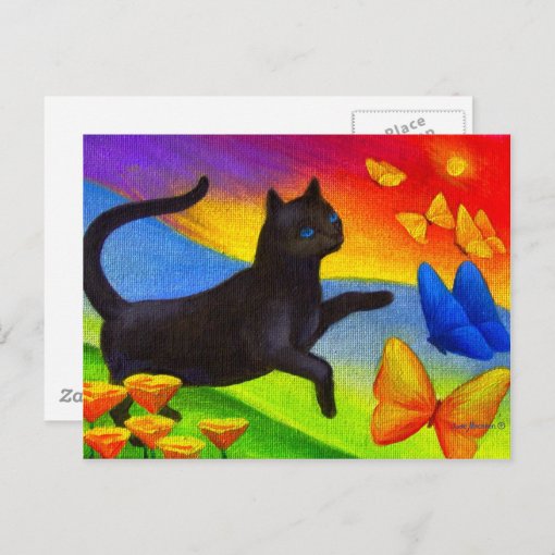 Black Cat Painting On Postcards Feline Butterflies | Zazzle